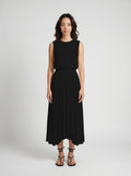 black pleated organic silk skirt on model front view