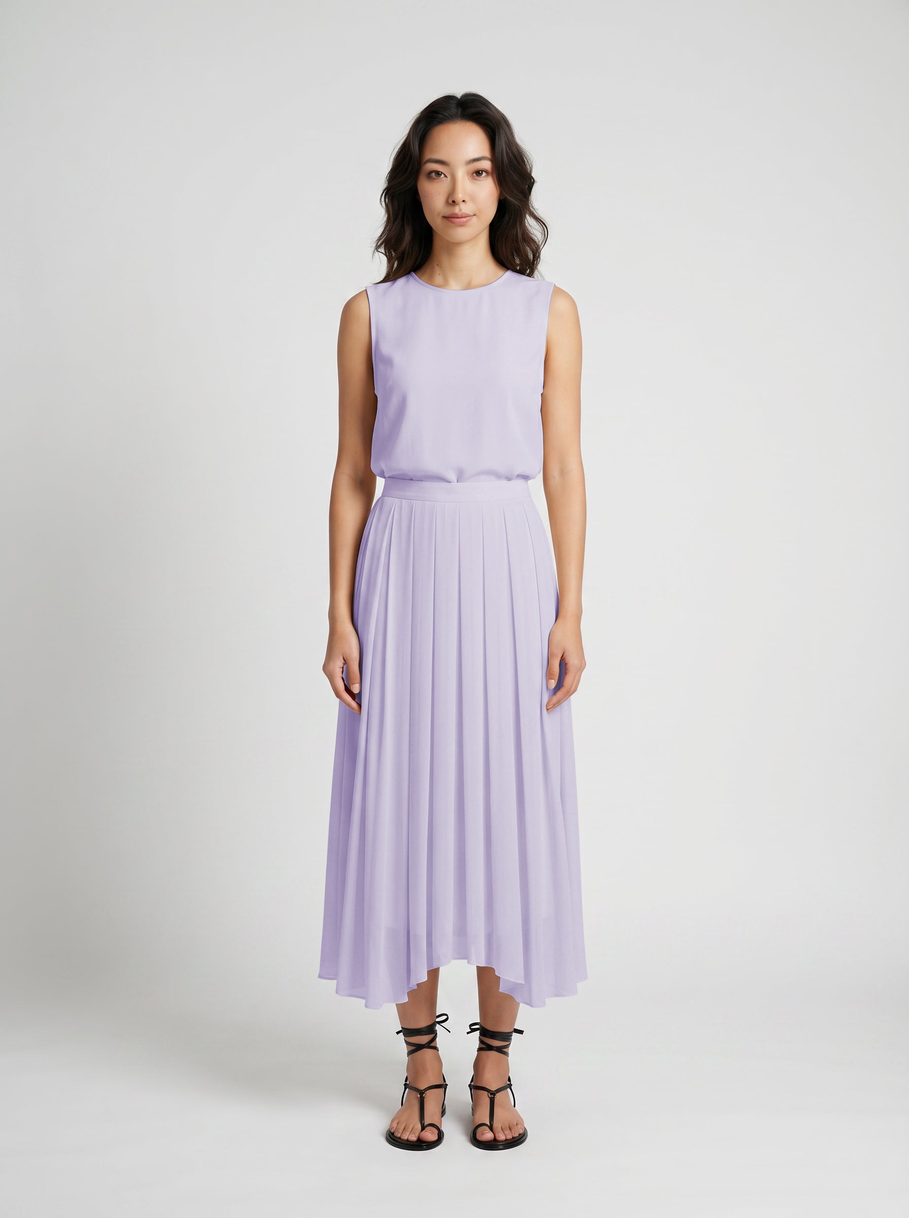 Pleated_silk_skirt_with_silk_chemise_top_ on model front view
