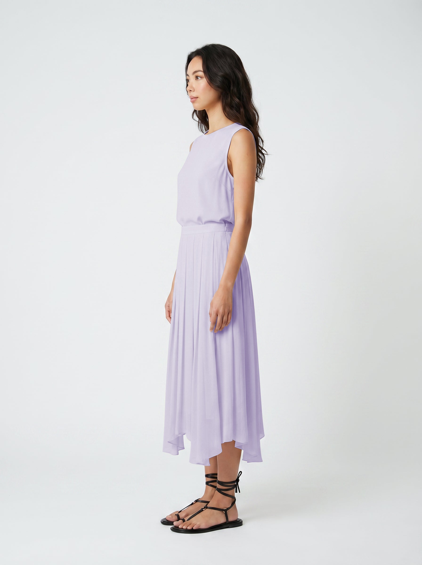 lilac color Pleated_silk_skirt_with_silk_chemise_top_ on model side view