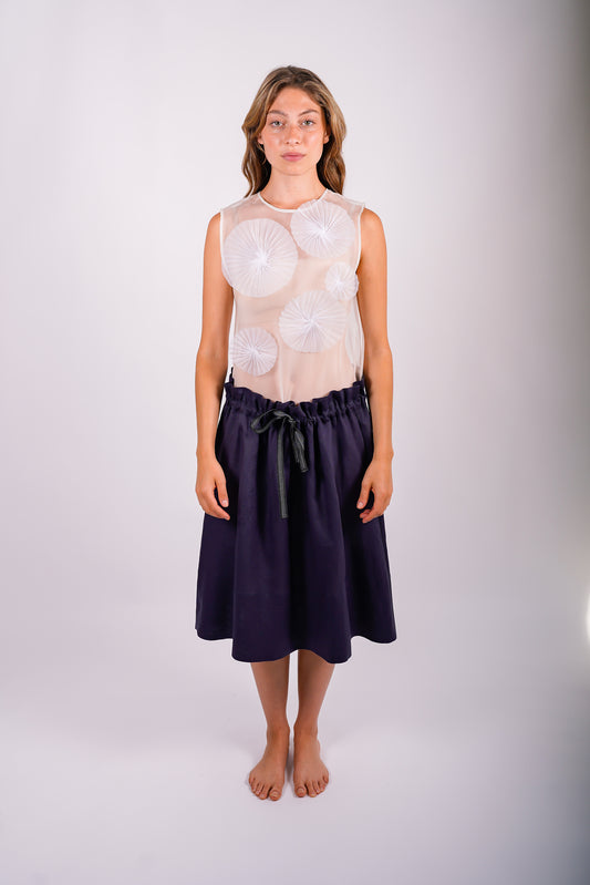 gathered-mid-length-skirt-linen-sustainable-navy-american-made-front-view