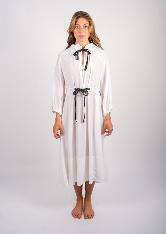 GATHERED LINEN DRESS | WHITE WITH BLACK TIE