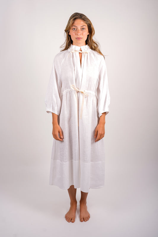 gathered-neck-dress-linen-sustainable-white-american-made-front-view