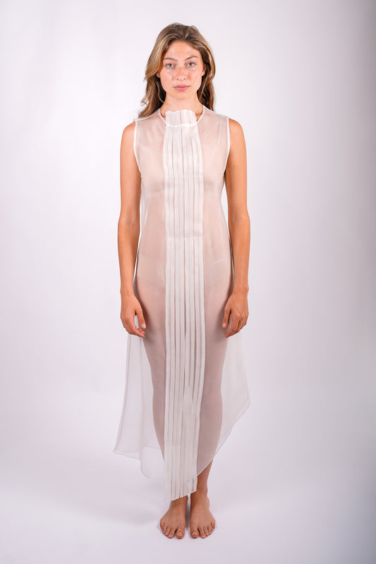 silk-pleated-sleeveless-dress-sustainable-sheer-organza-cream-american-made-front-view