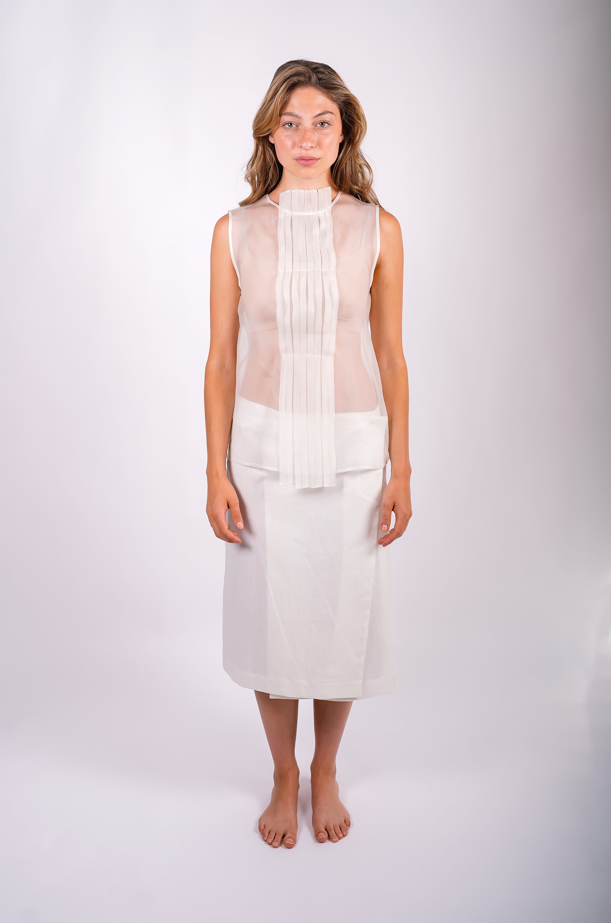 silk-pleated-sleeveless-top-sustainable-sheer-organza-cream-american-made-front-view