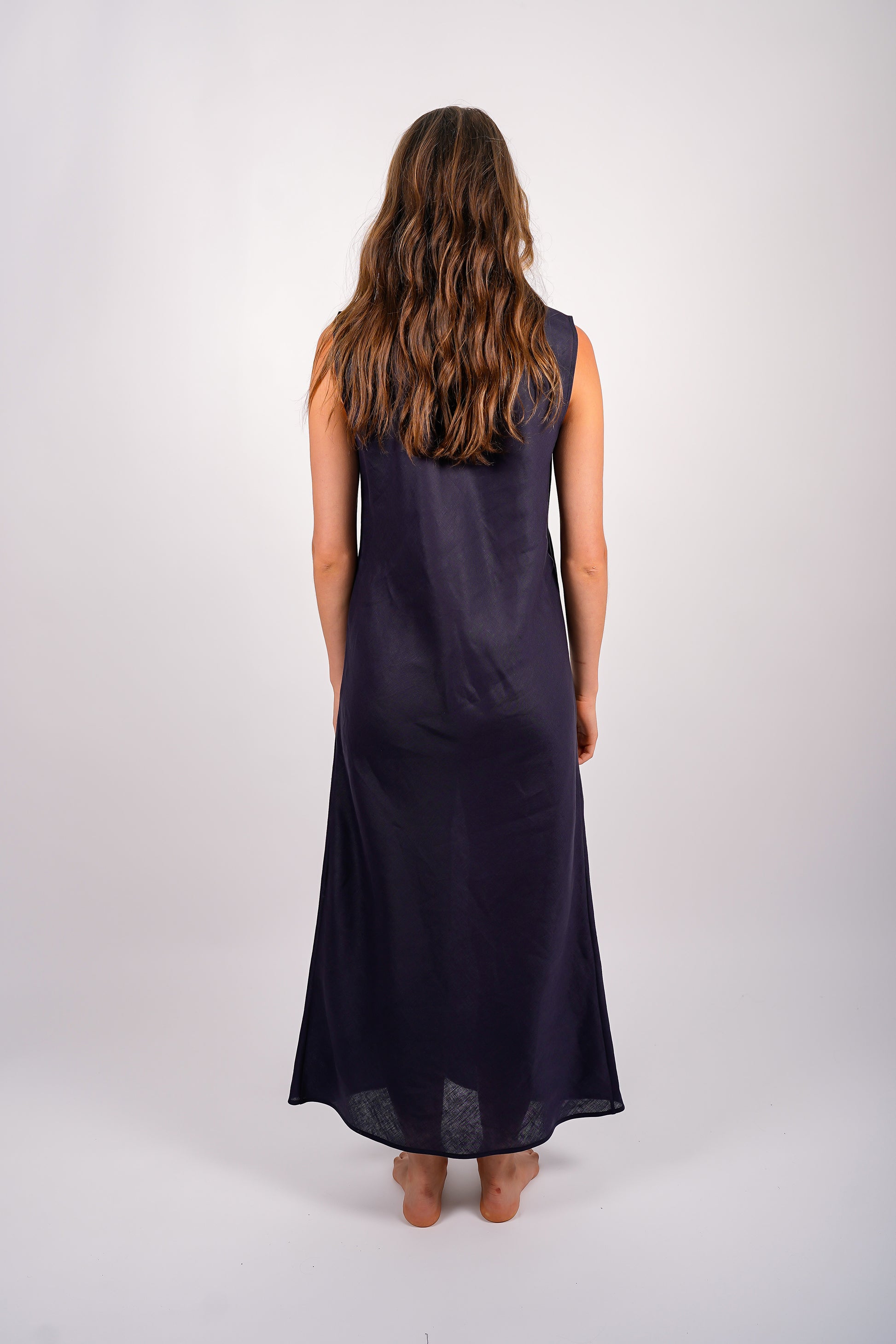 sleeveless-long-linen-dress-sustainable-navy-american-made-back-view