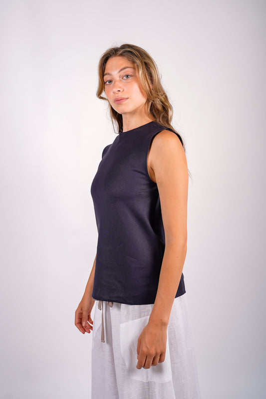 sleeveless-long-linen-dress-sustainable-navy-american-made-side-view