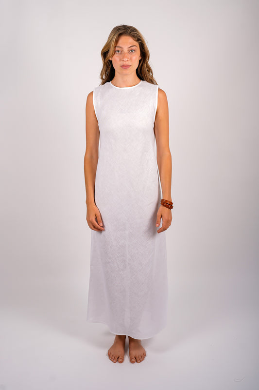 sleeveless-long-linen-dress-sustainable-white-american-made-front-view