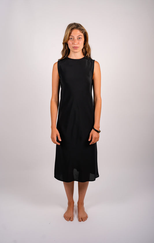 sleeveless-silk-chemise-dress-sustainable-crepe-de-chine-black-american-made-front-view