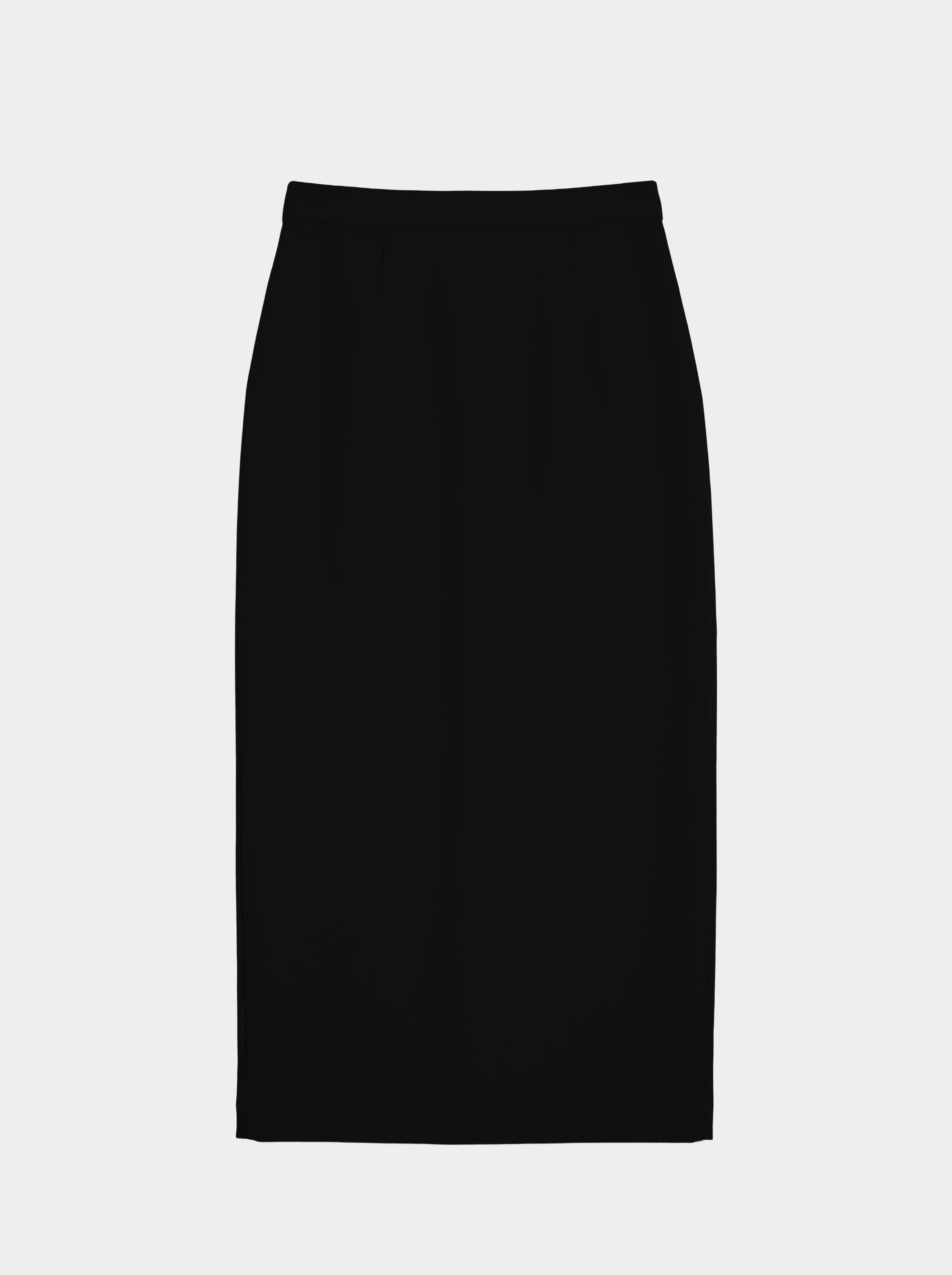flat image of the front of a black  pencil skirt on white background