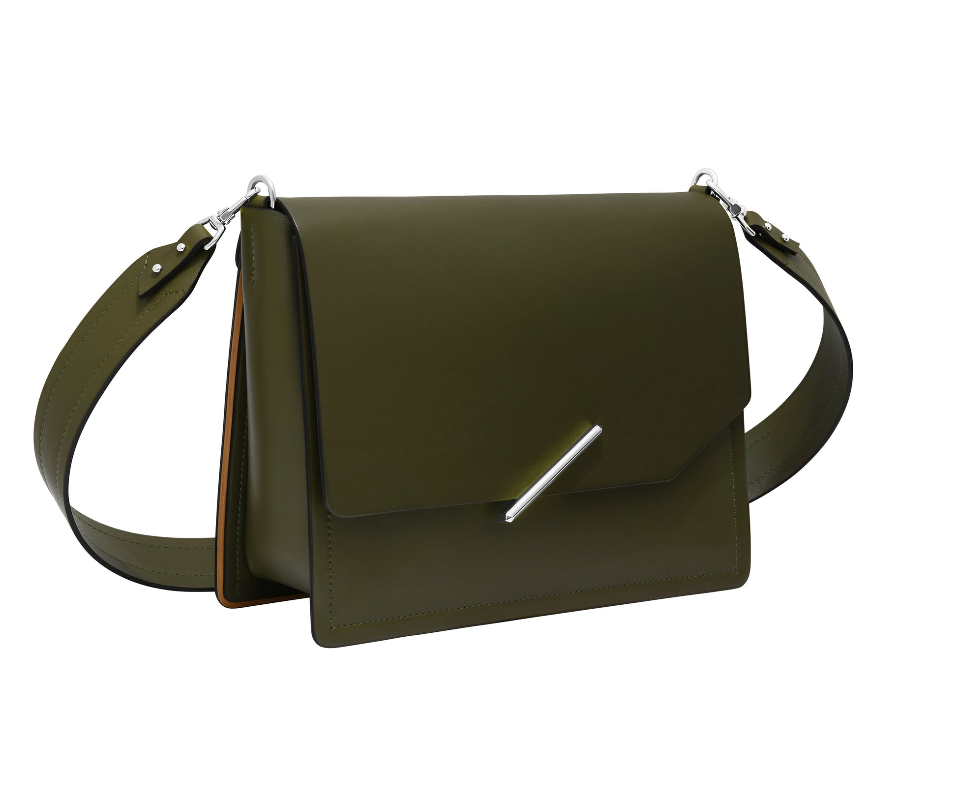 Novae Res Jemison Major Leather Handbag made with Green Leather and Silver Hardware with Wide Long Strap Profile View
