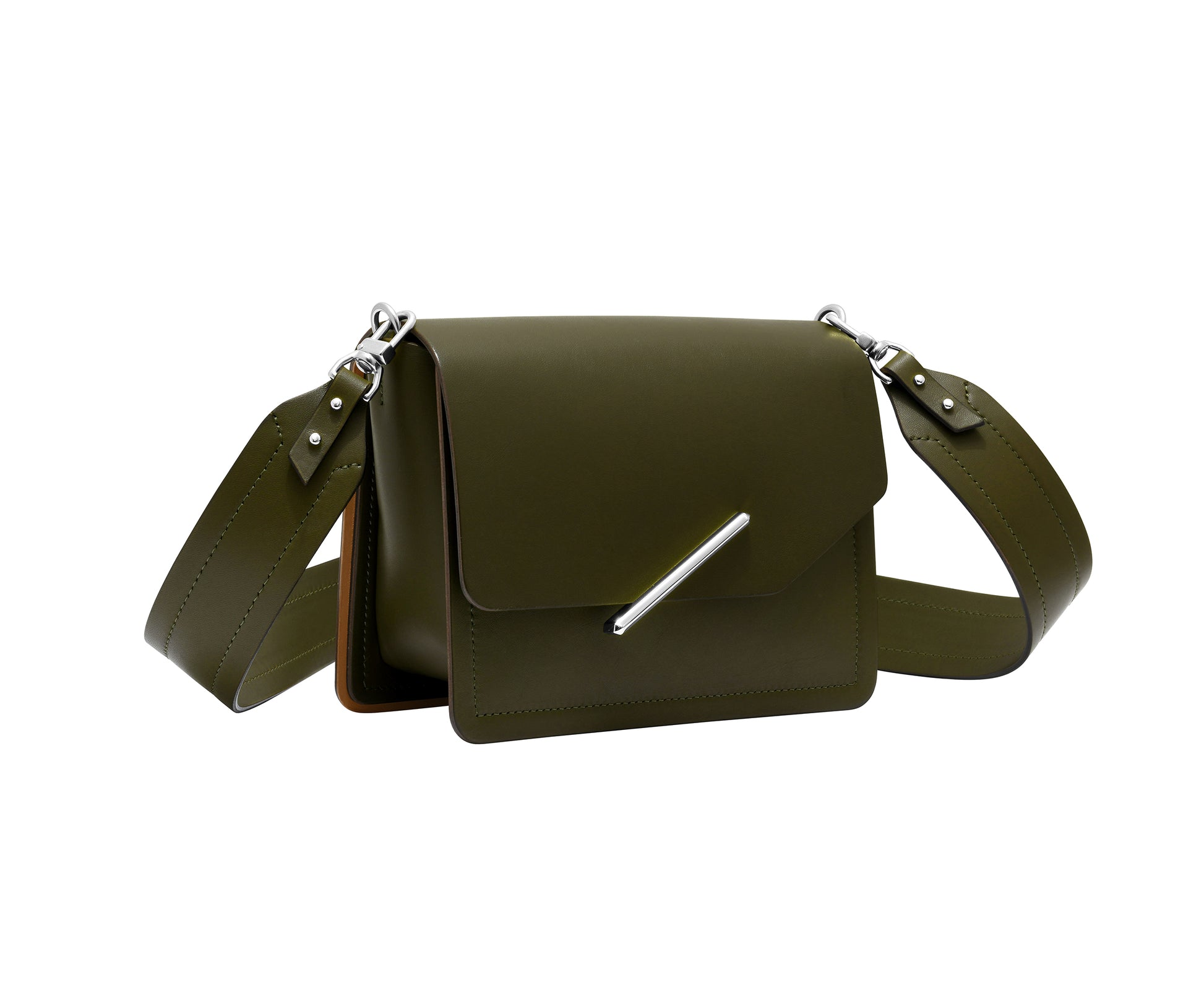 Novae Res Jemison Minor Leather Handbag made in Green Leather and Silver Hardware with Wide Long Strap Profile View