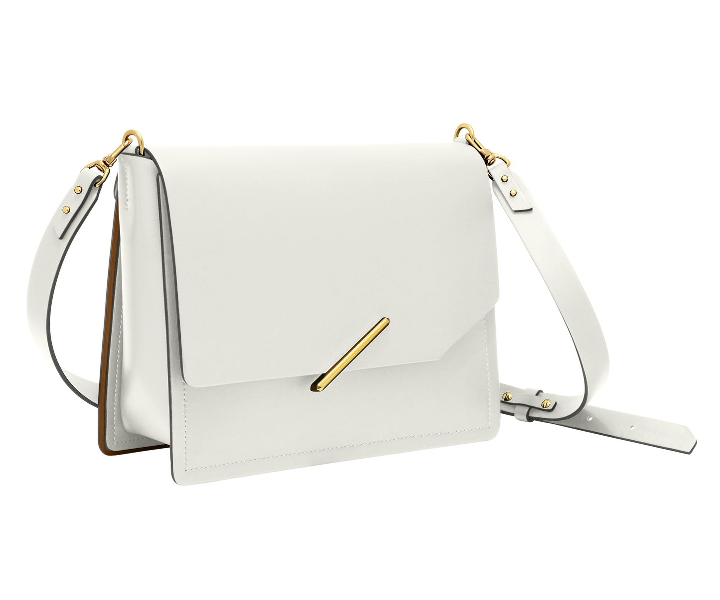 Novae Res Jemison Major Leather Handbag made with White Leather and Gold Hardware with Crossbody Strap Profile View