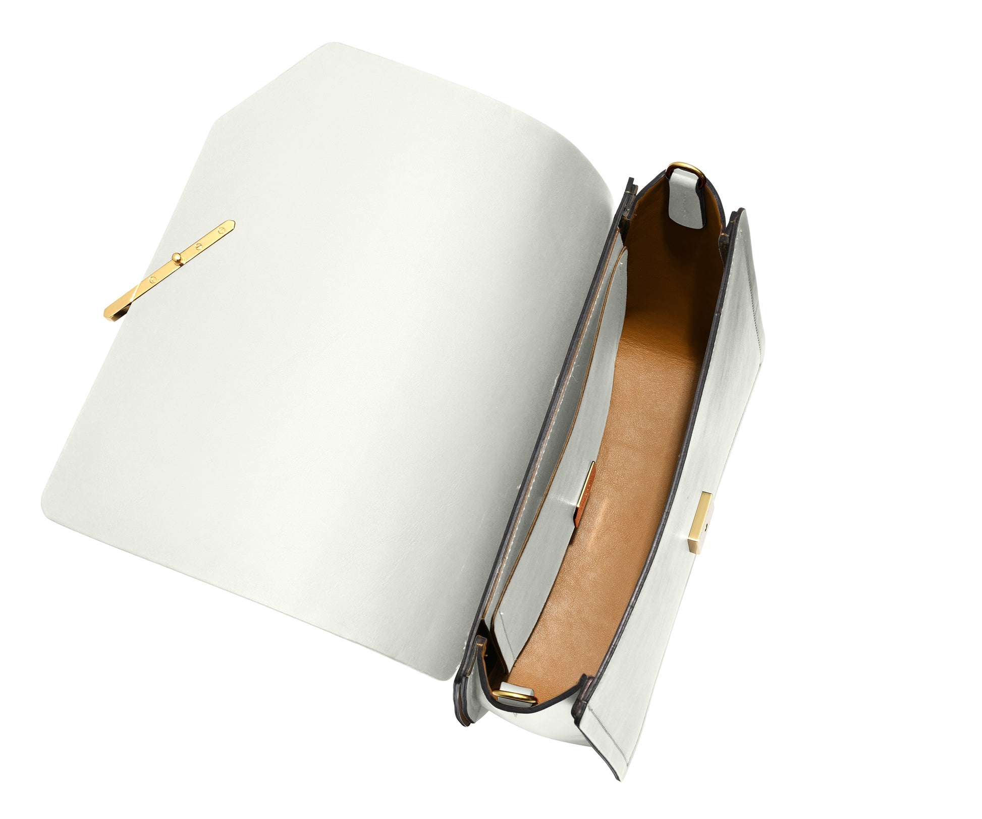 Novae Res Jemison Major Leather Handbag made with White Leather and Gold Hardware with Wide Long Strap Inside View