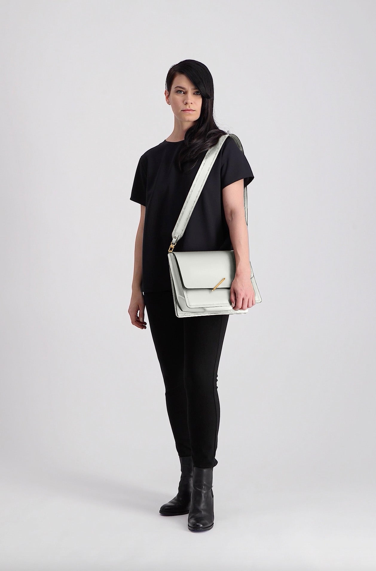 Novae Res Jemison Major Leather Handbag made with White Leather and Gold Hardware with Wide Long Strap On Model