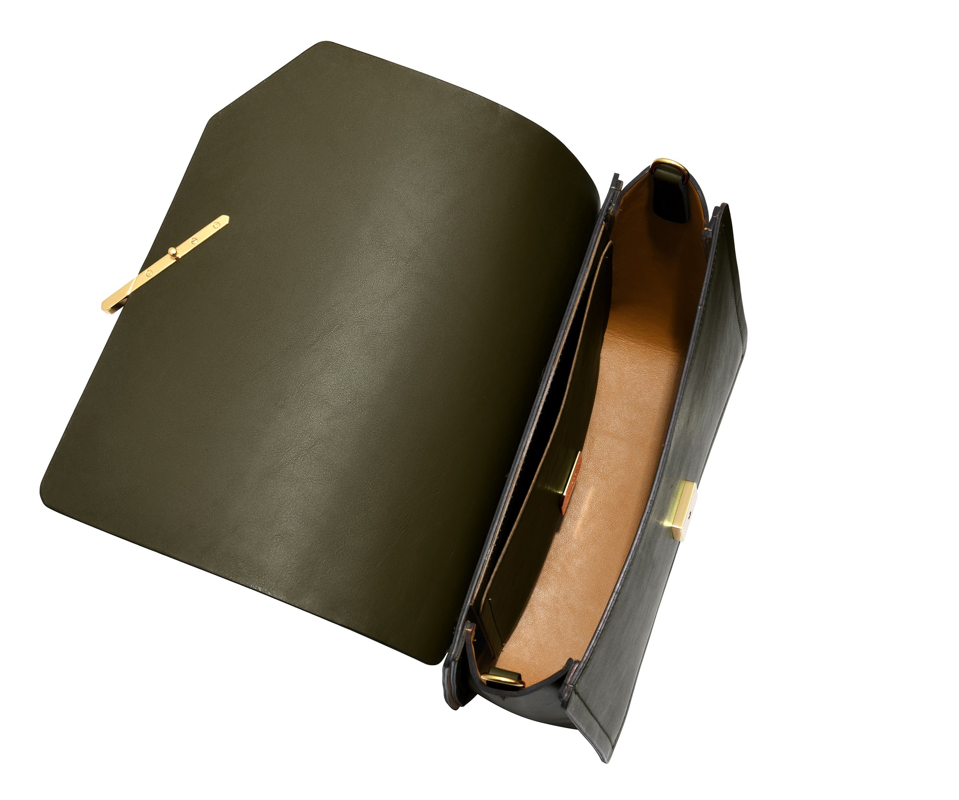 Novae Res Jemison Major Leather Handbag made with Green Leather and Gold Hardware with Chain Strap Inside View