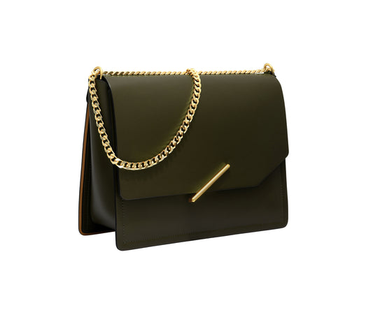 Novae Res Jemison Major Leather Handbag made with Green Leather and Gold Hardware with Chain Strap Profile View