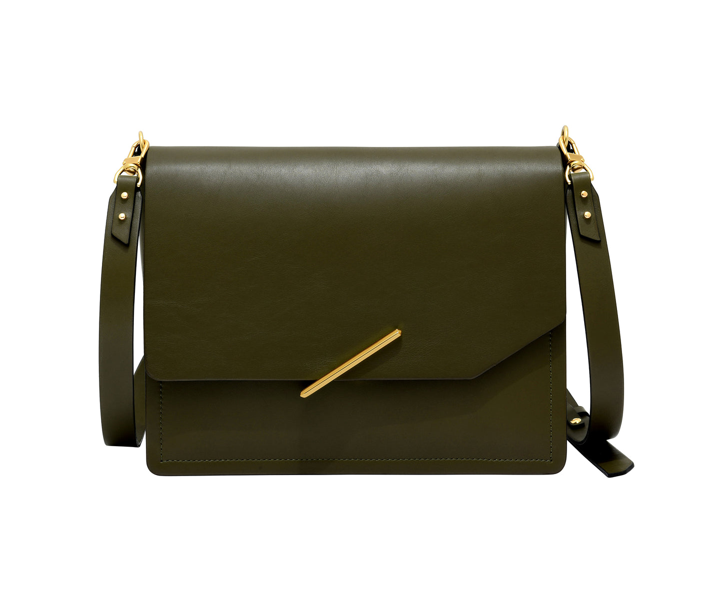 Novae Res Jemison Major Leather Handbag made with Green Leather and Gold Hardware with Crossbody Strap Front View
