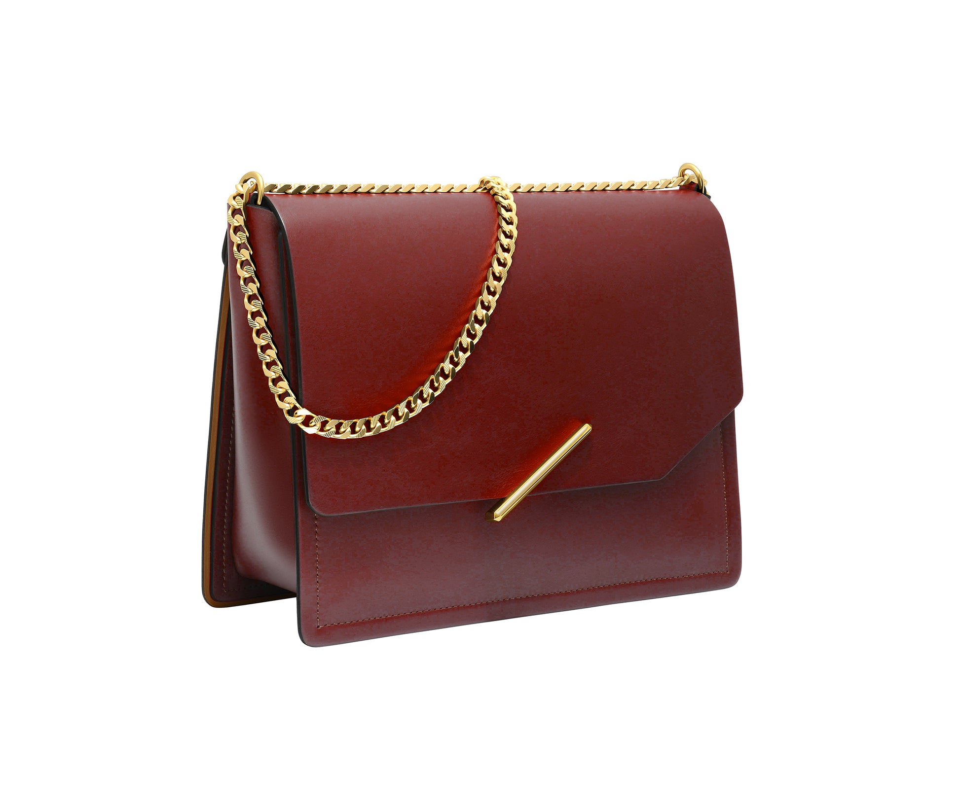 Novae Res Jemison Major Leather Handbag made with Red Leather and Gold Hardware with Chain Strap Profile View