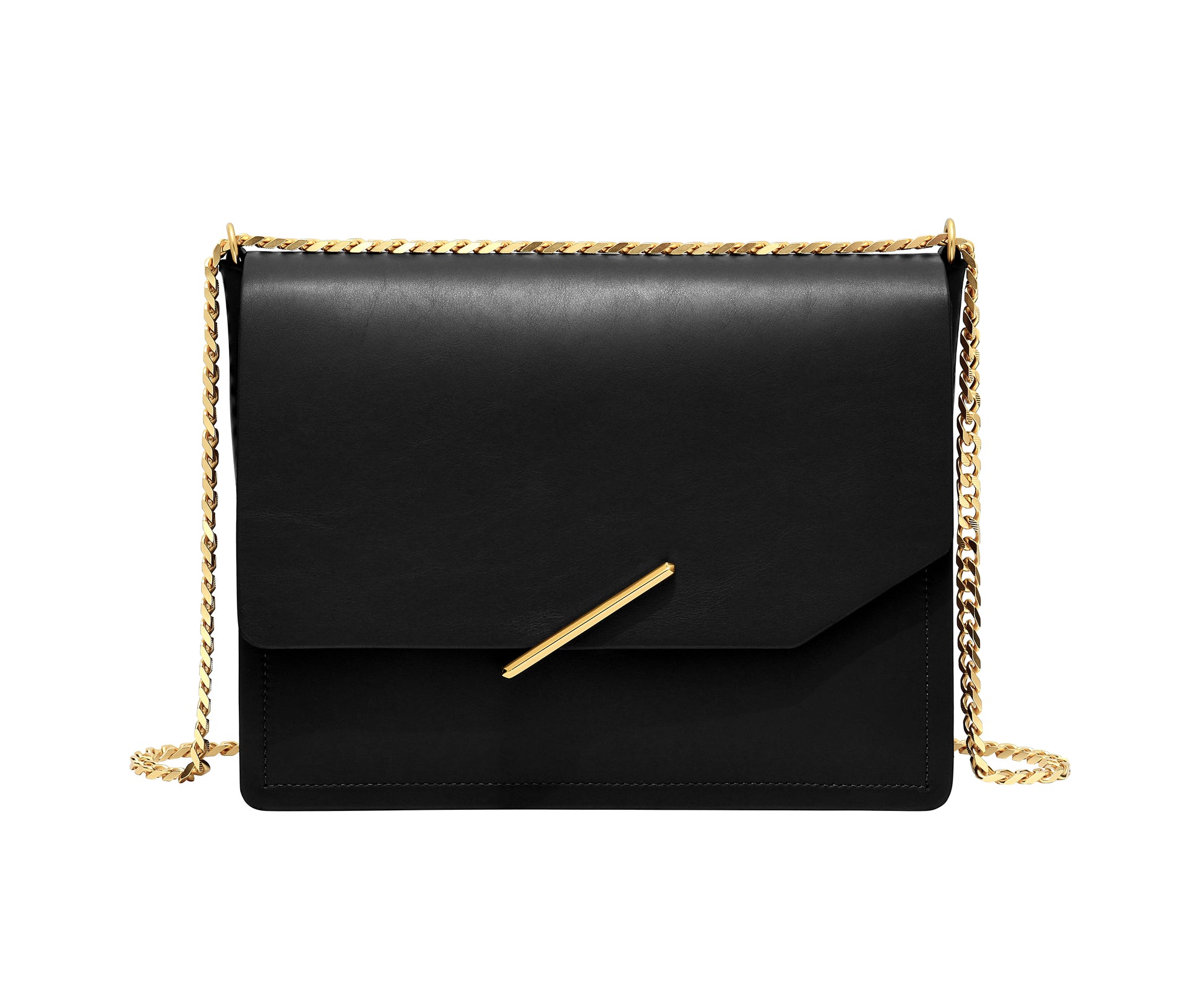 Novae Res Jemison Major Leather Handbag made with Black Leather and Gold Hardware with Chain Strap Front View