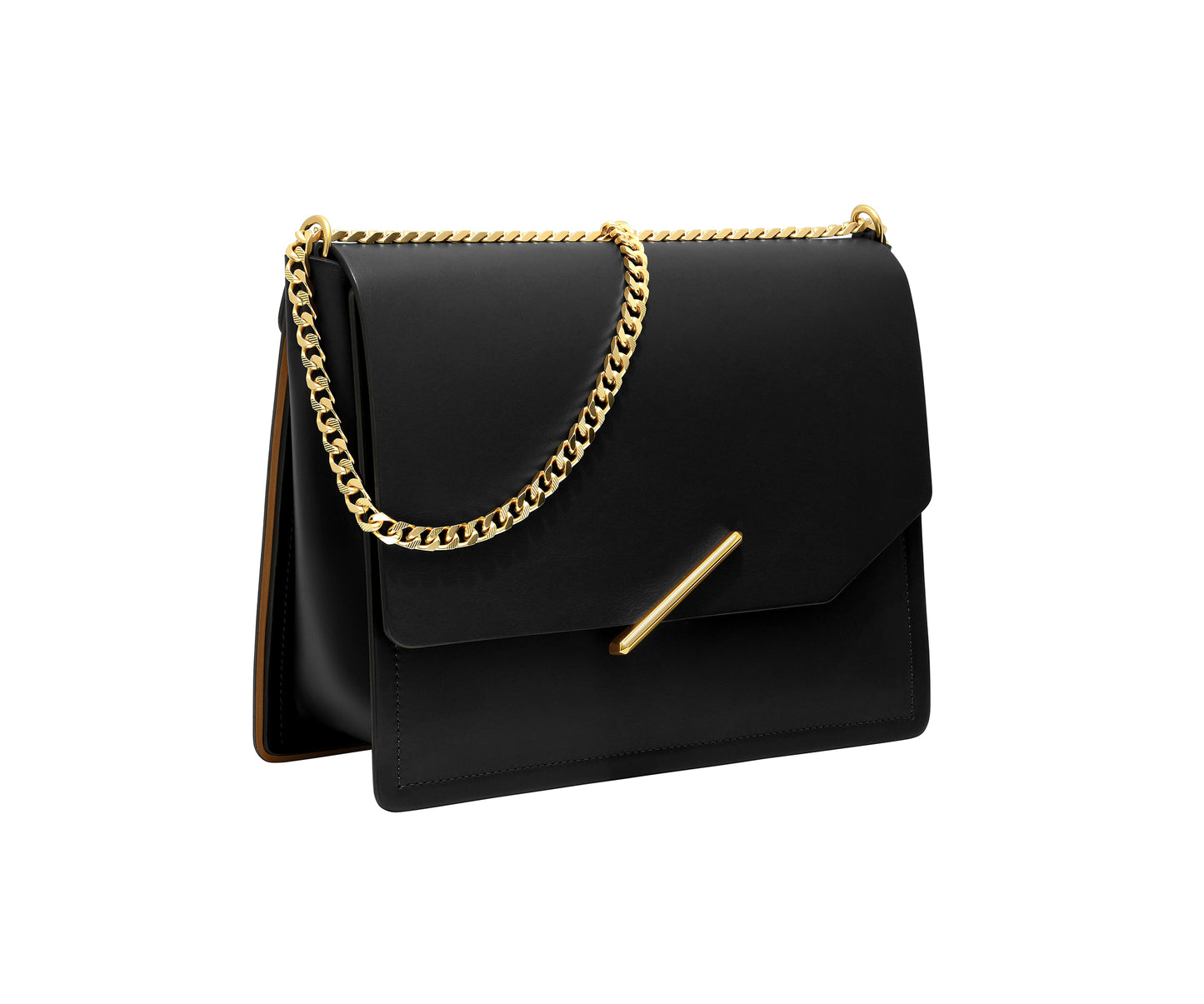 Novae Res Jemison Major Leather Handbag made with Black Leather and Gold Hardware with Chain Strap Profile View