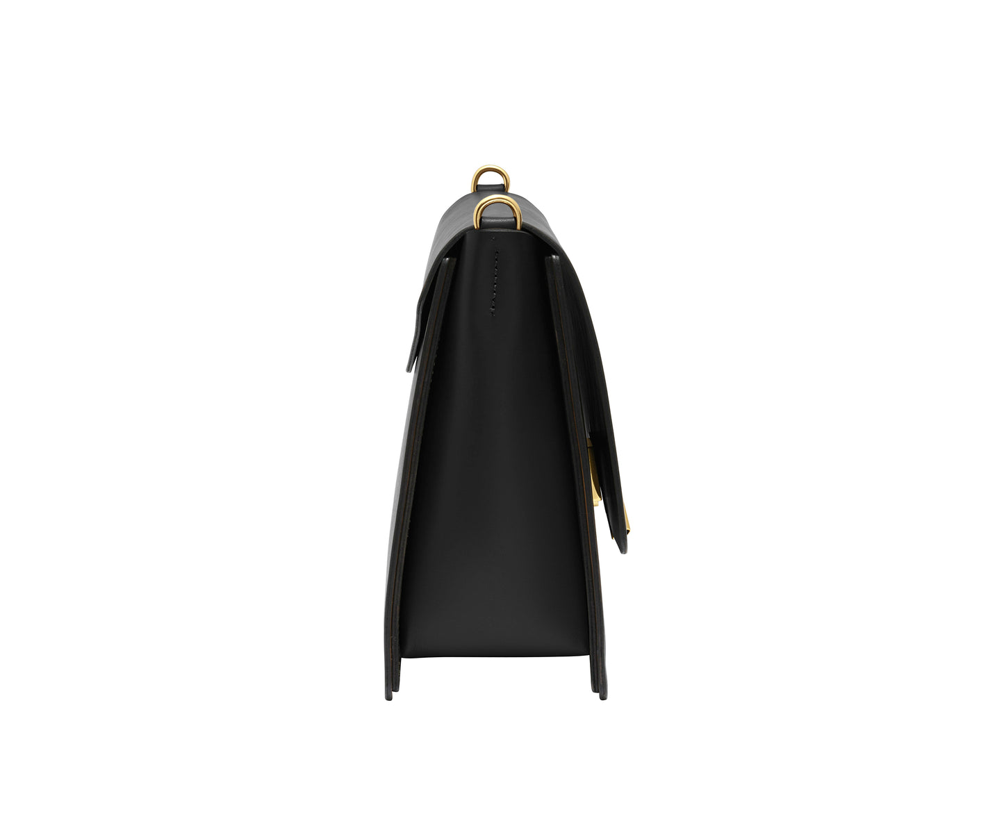 Novae Res Jemison Major Leather Handbag made with Black Leather and Gold Hardware with Crossbody Strap Side View