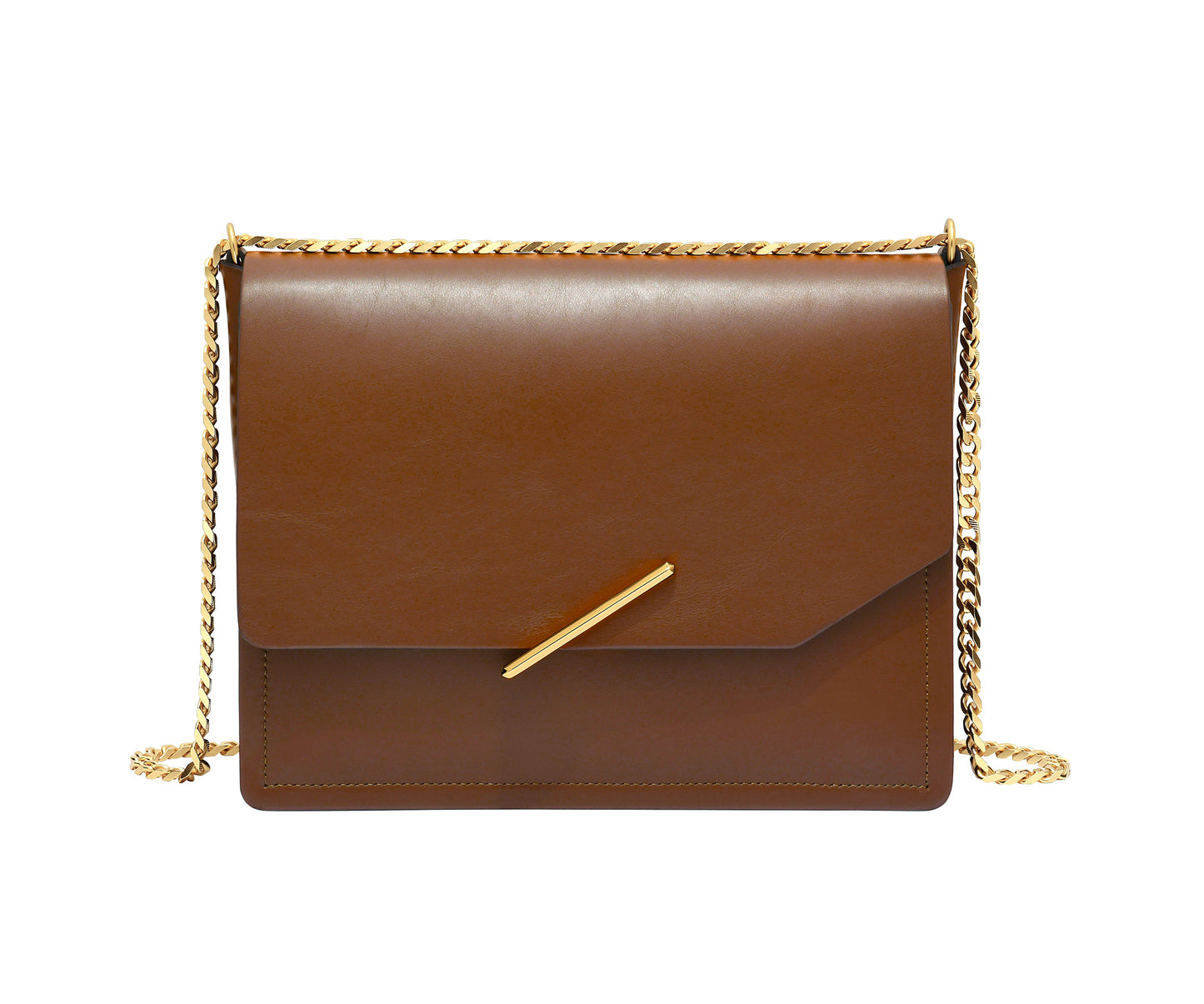 Novae Res Jemison Major Leather Handbag made with Brown Leather and Gold Hardware with Chain Strap Front View