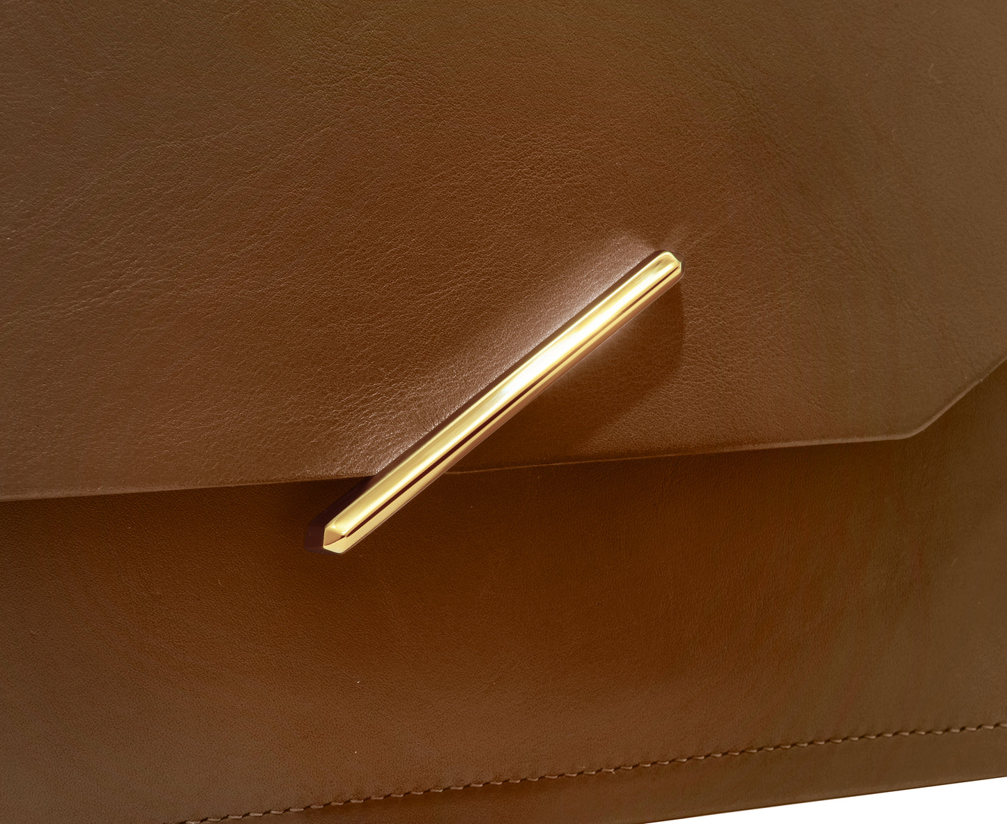 Novae Res Jemison Major Leather Handbag made with Brown Leather and Gold Hardware with Chain Strap Front Lock View