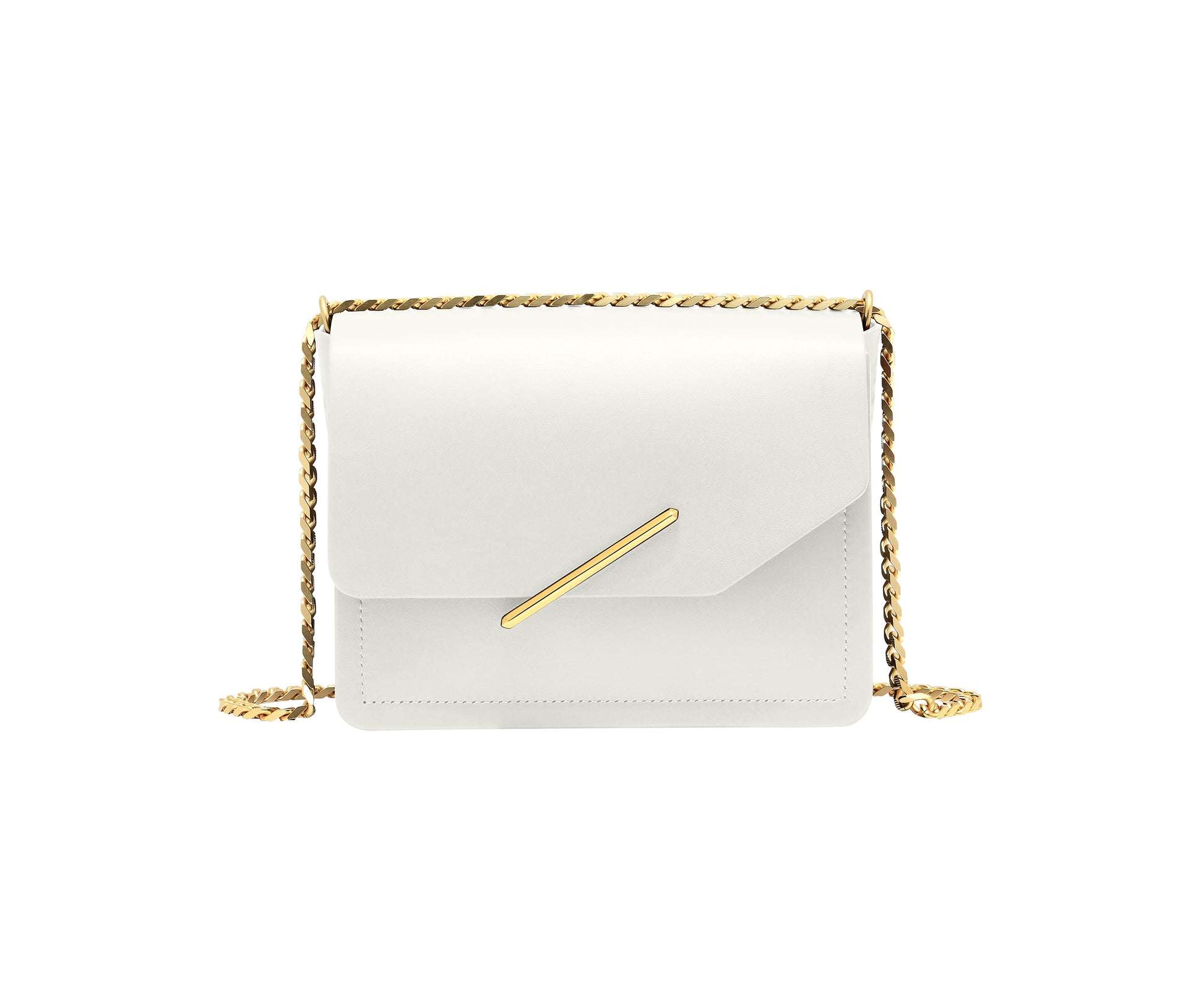 Novae Res Jemison Minor Leather Handbag made in White Leather and Gold Hardware with Chain Strap Front View