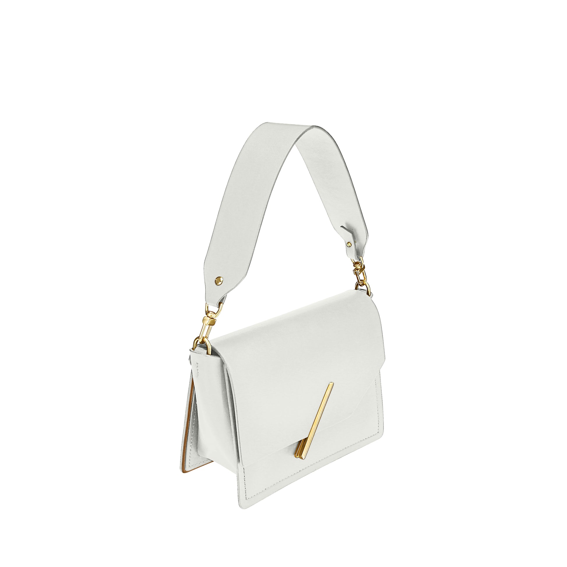 Novae Res Jemison Minor Leather Handbag made in White Leather and Gold Hardware with Short Strap Profile View