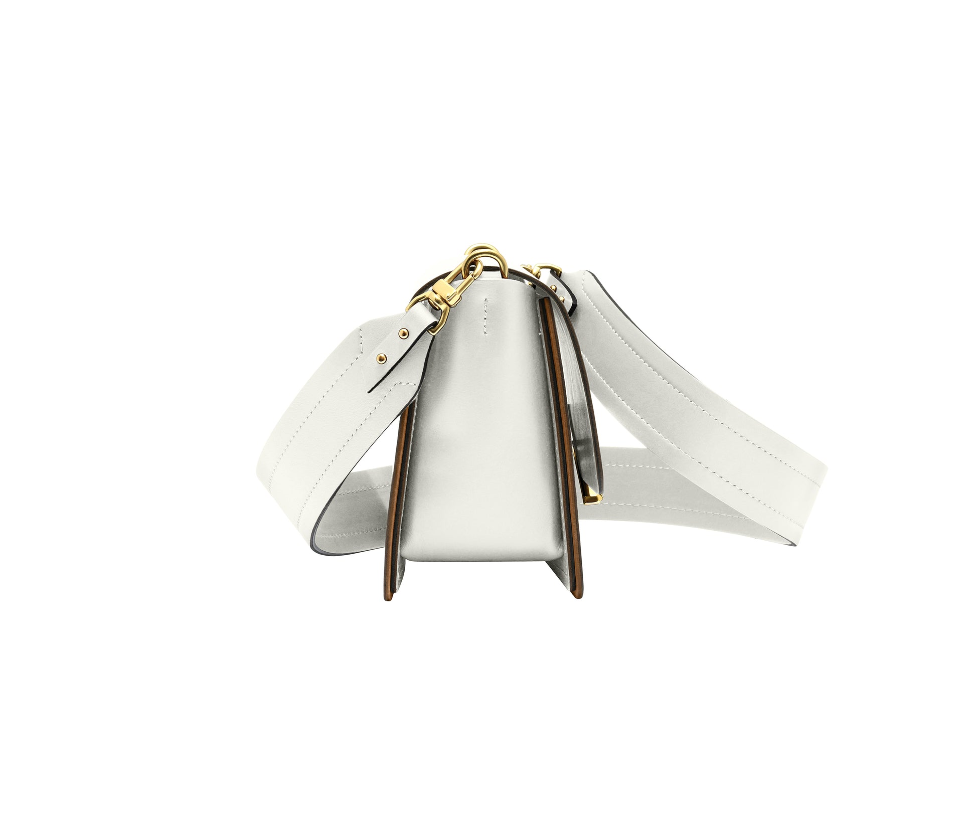 Novae Res Jemison Minor Leather Handbag made in White Leather and Gold Hardware with Wide Long Strap Side View