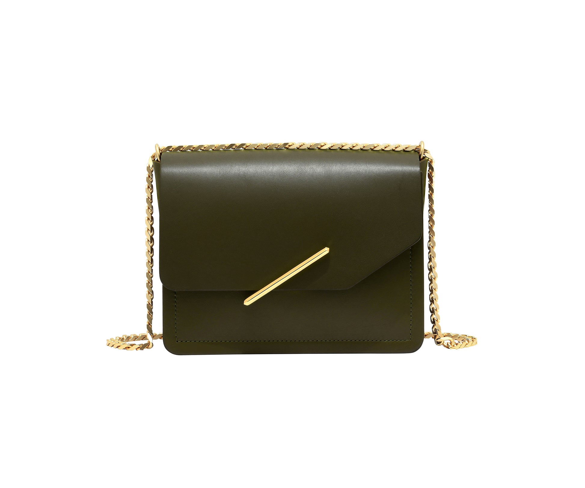 Novae Res Jemison Minor Leather Handbag made in Green Leather and Gold Hardware with Chain Strap Front View