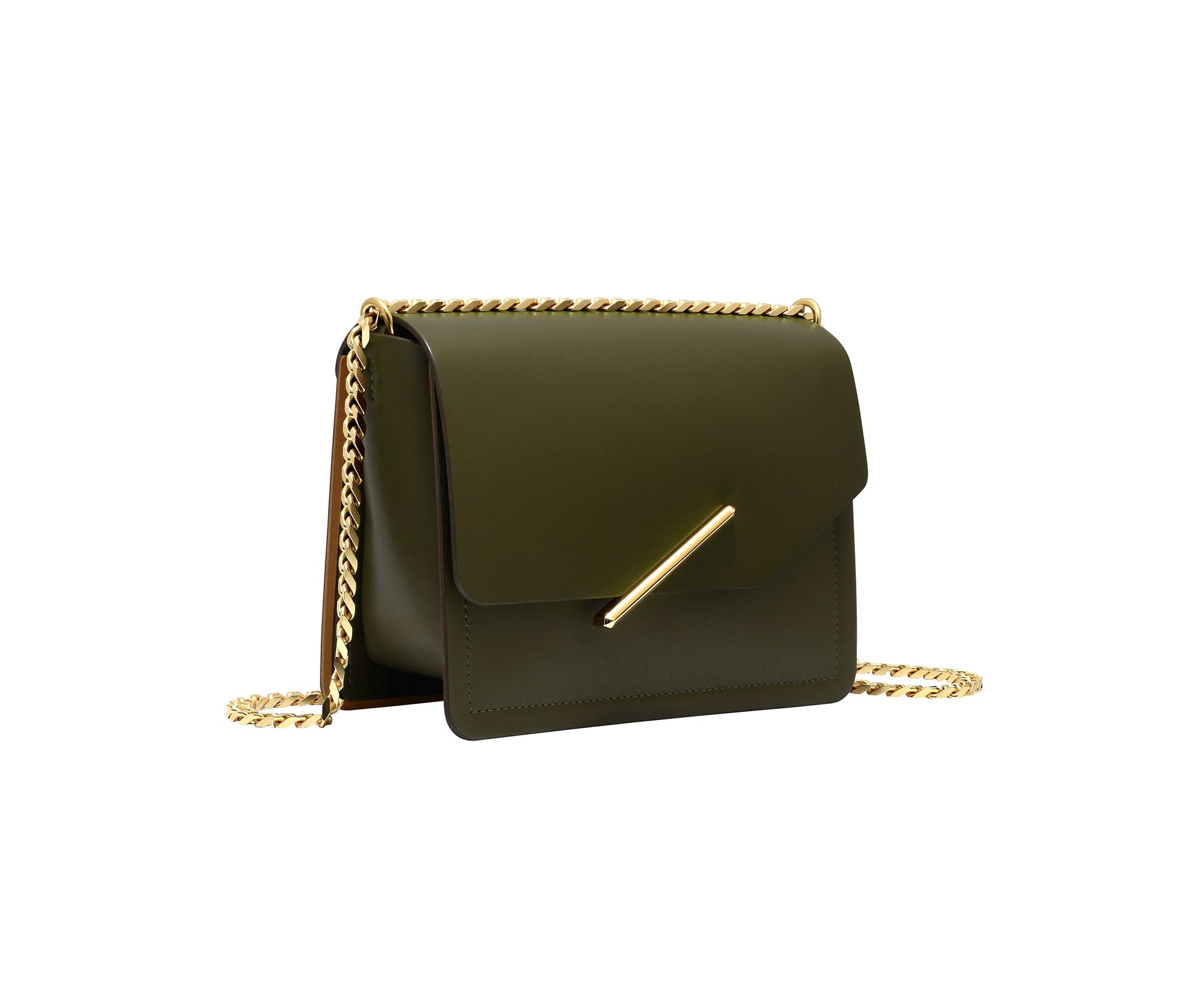 Novae Res Jemison Minor Leather Handbag made in Green Leather and Gold Hardware with Chain Strap Profile View