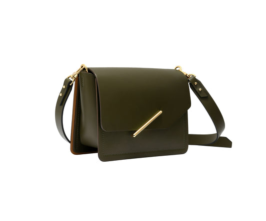 Novae Res Jemison Minor Leather Handbag made in Green Leather and Gold Hardware with Crossbody Strap Profile View