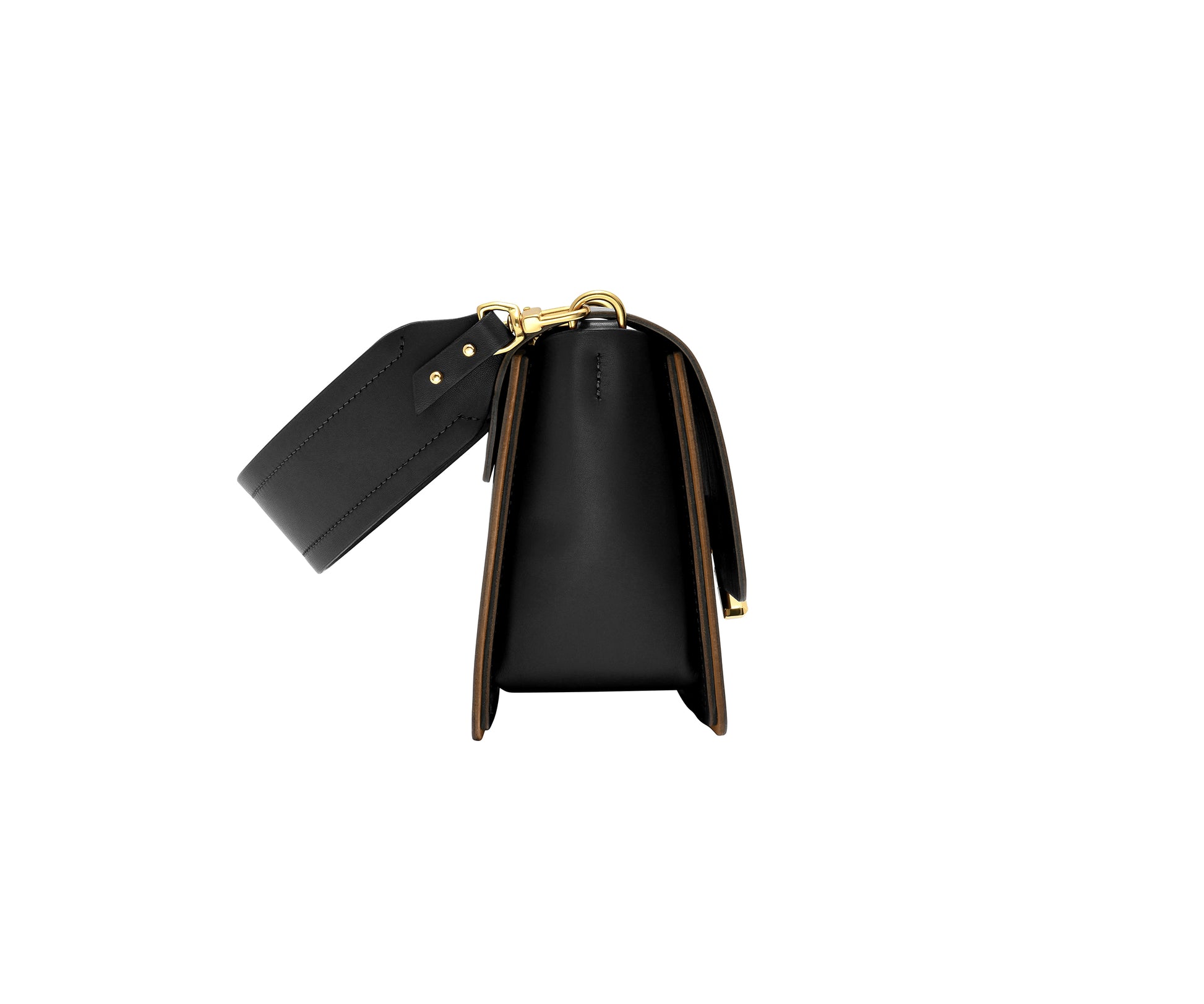 Novae Res Jemison Minor Leather Handbag made in Black Leather and Gold Hardware with Short Strap Side View
