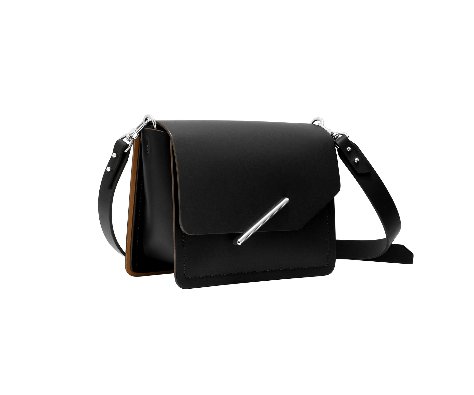 Novae Res Jemison Minor Leather Handbag made in Black Leather and Silver Hardware with Crossbody Strap Profile View