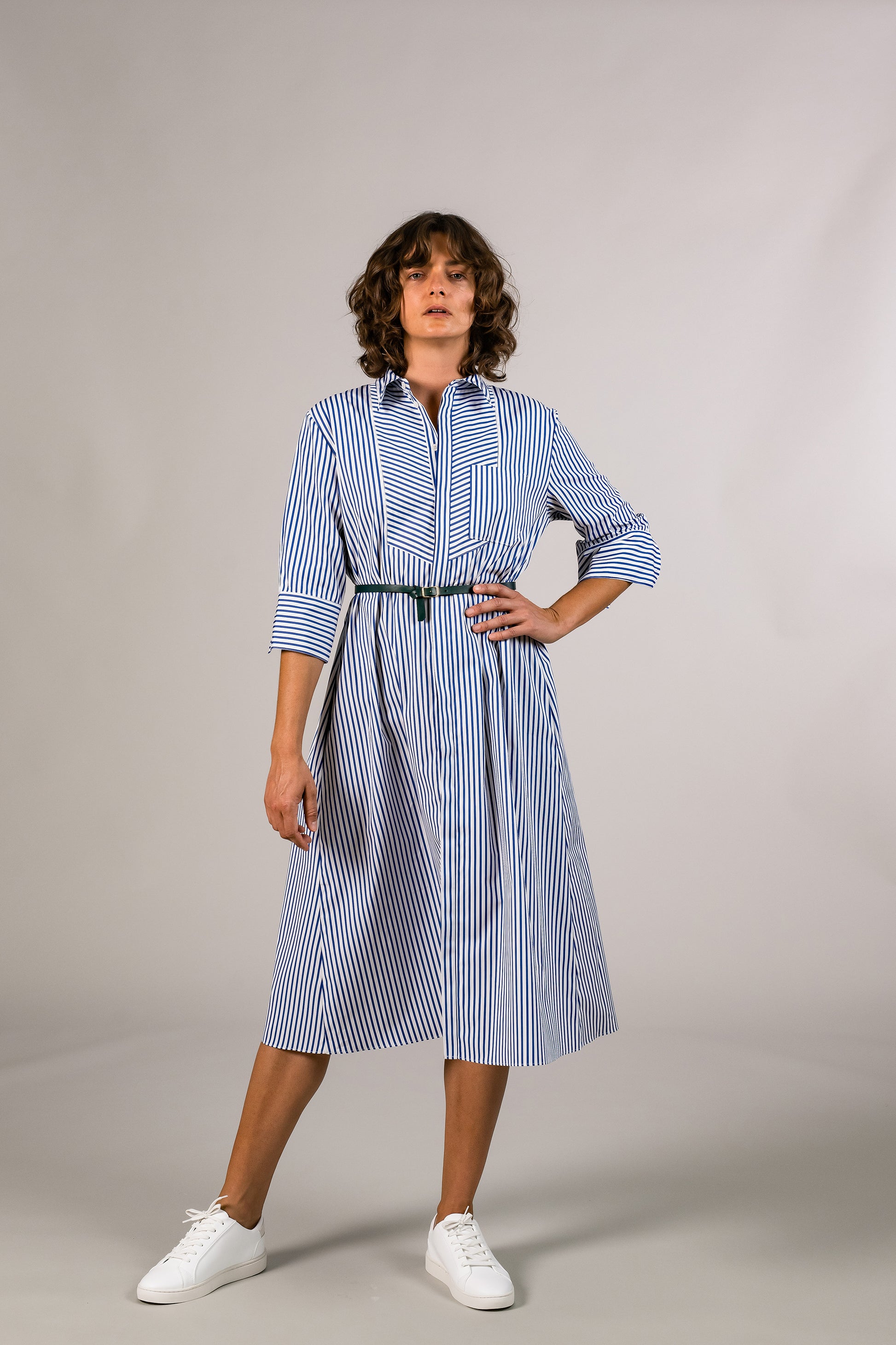  Womens blue stripe tuxedo shirt dress, 100% sustainable cotton poplin from italy, ensembled with dark green belt, Made with Leather. half sleeve, button down knee length. American made.